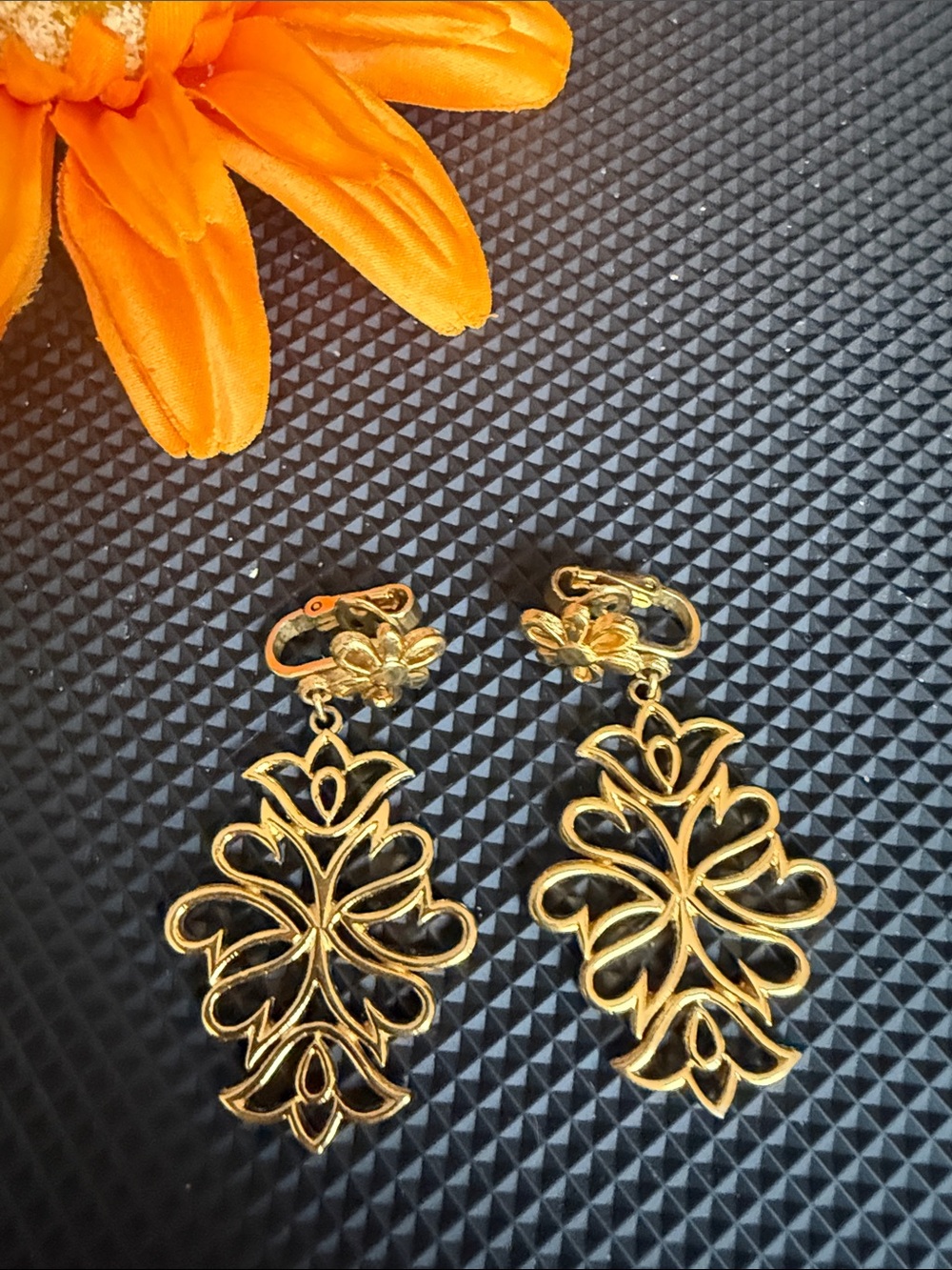 Gold-Tone Filigree Drop Clip-On Earrings - Unbranded